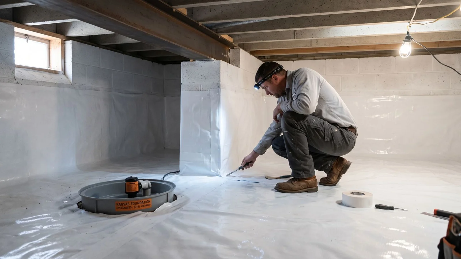 Encapsulated crawl space with white vapor barrier