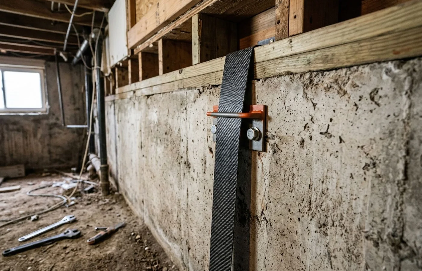 Carbon fiber strap anchored to the sill plate