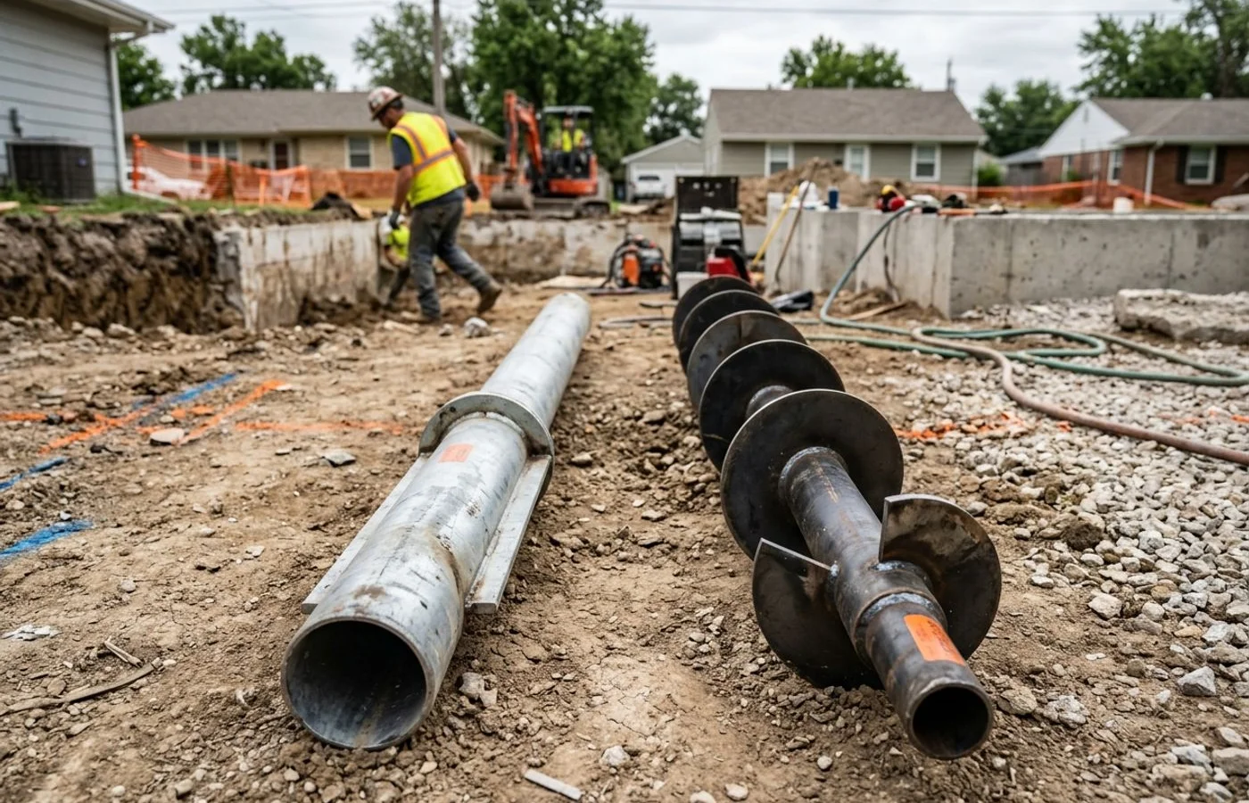 Push pier and helical pier shafts side by side