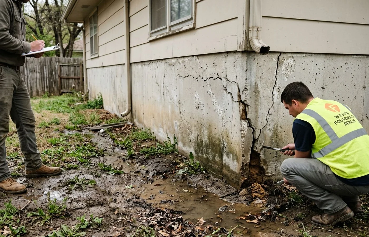 Cracked foundation corner near a wet yard