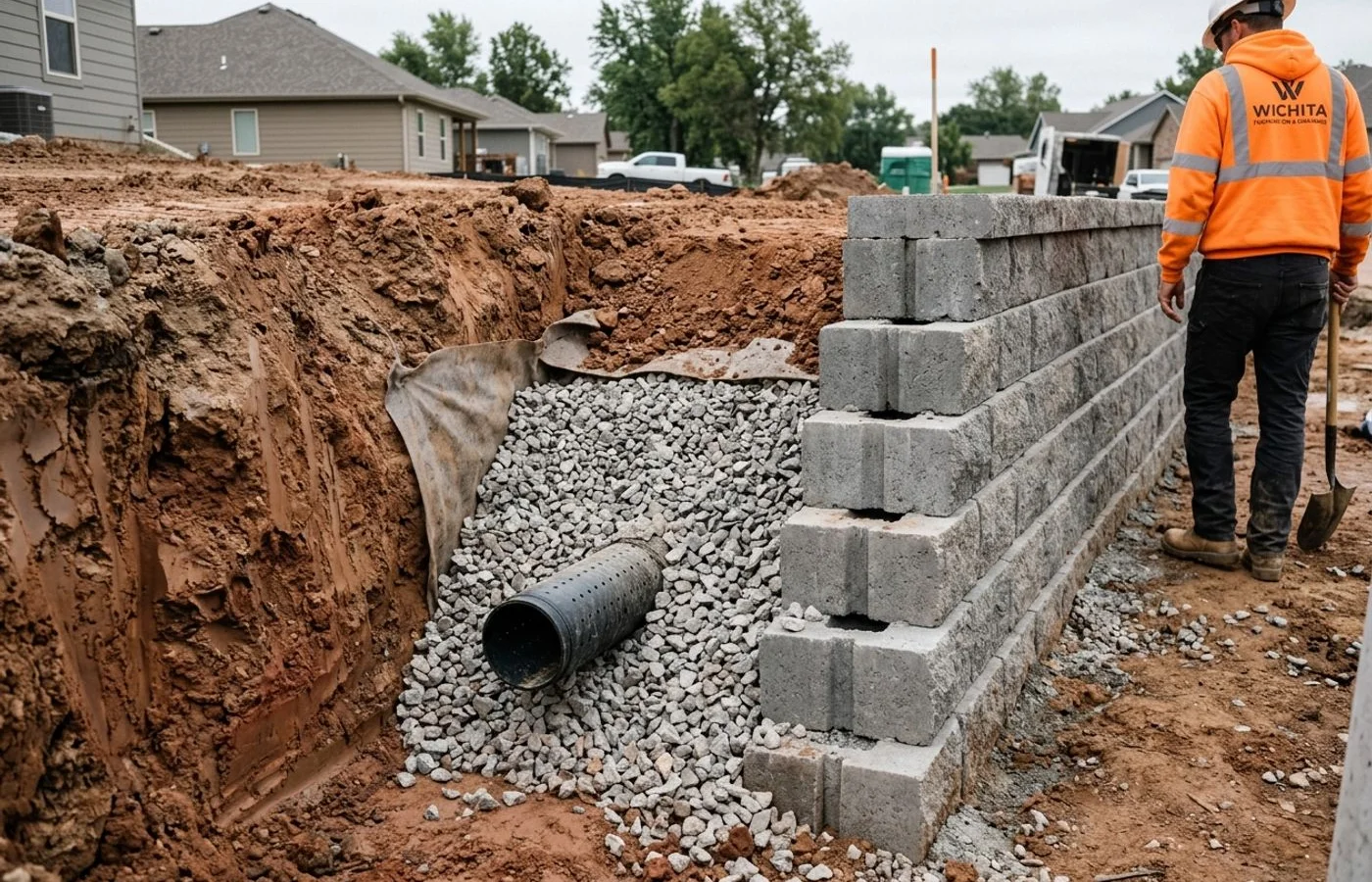 Cross-section of a retaining wall with drainage