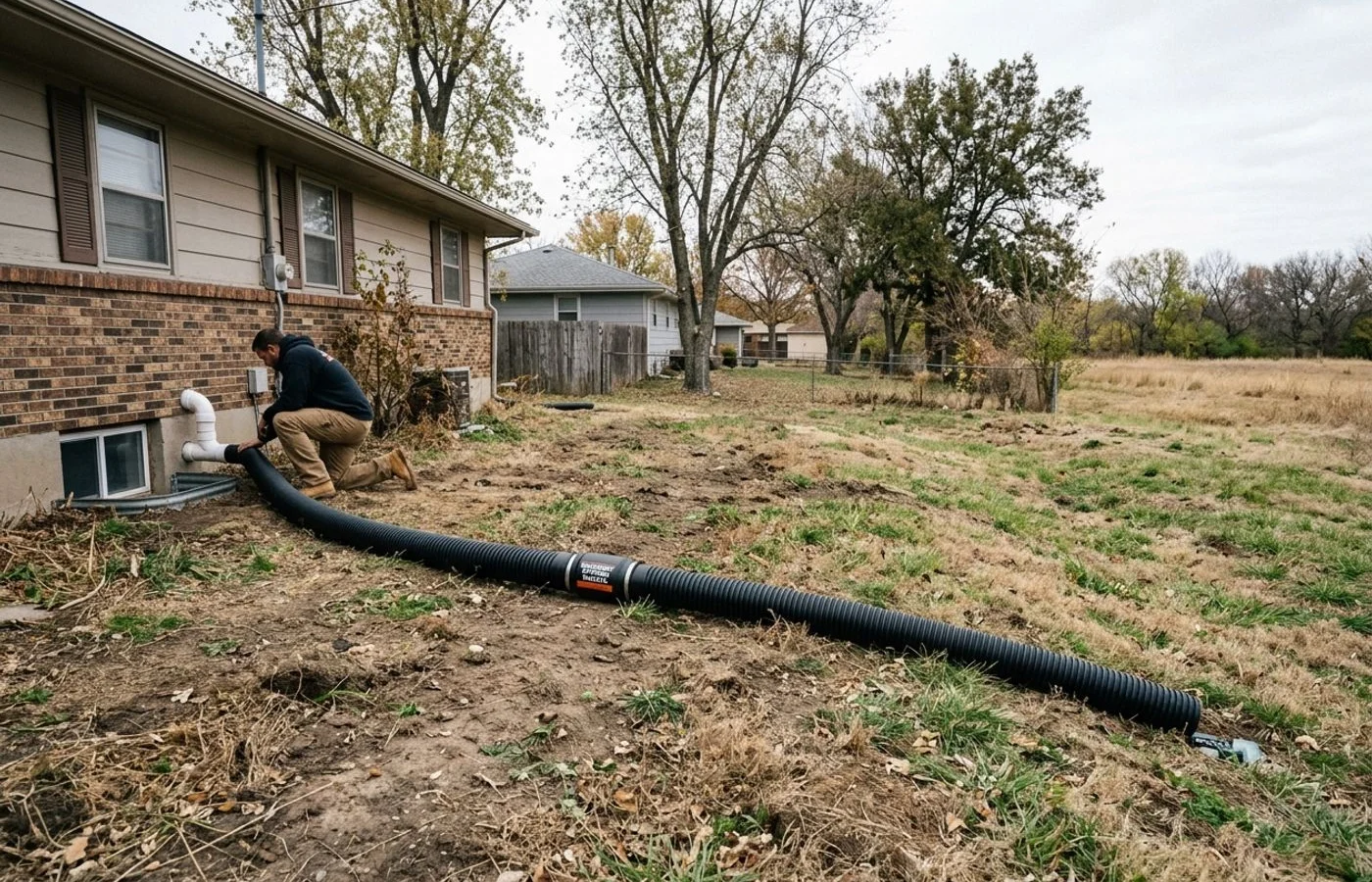 Sump pump discharge line routed away from the home
