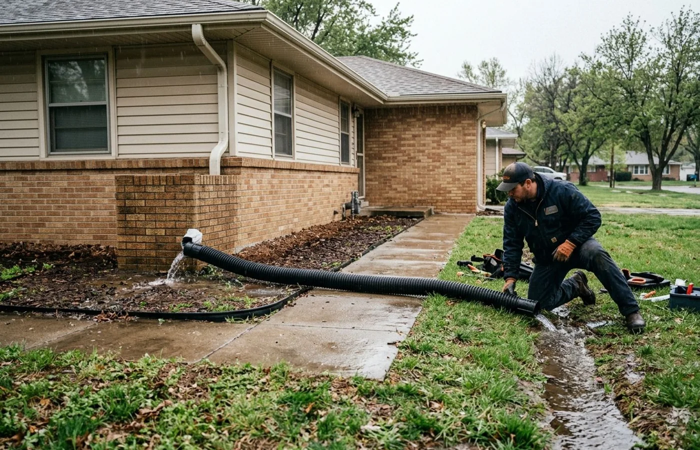 Downspout extension routing water away from a home foundation