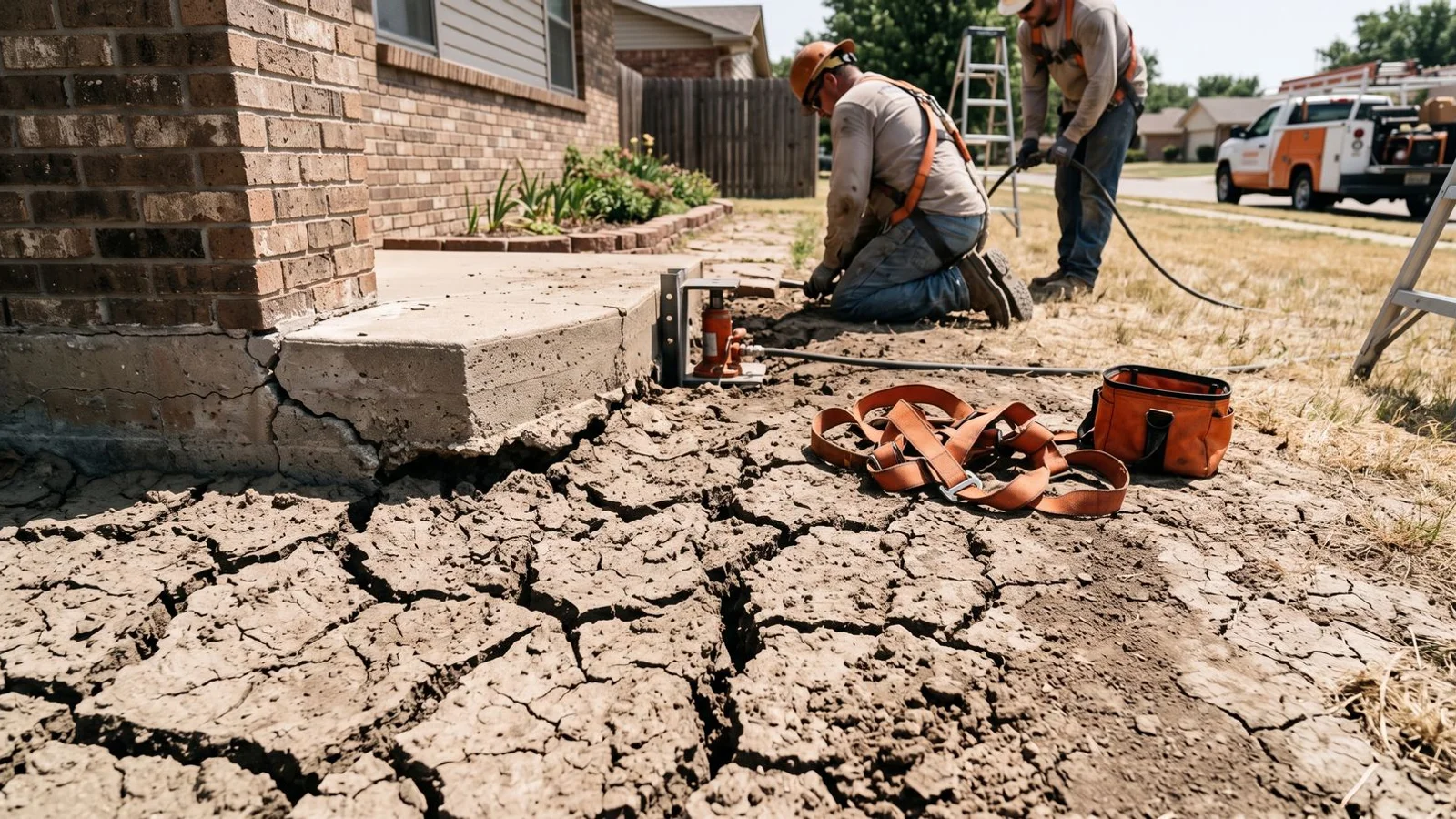 Dry cracked Kansas clay soil beside a residential foundation