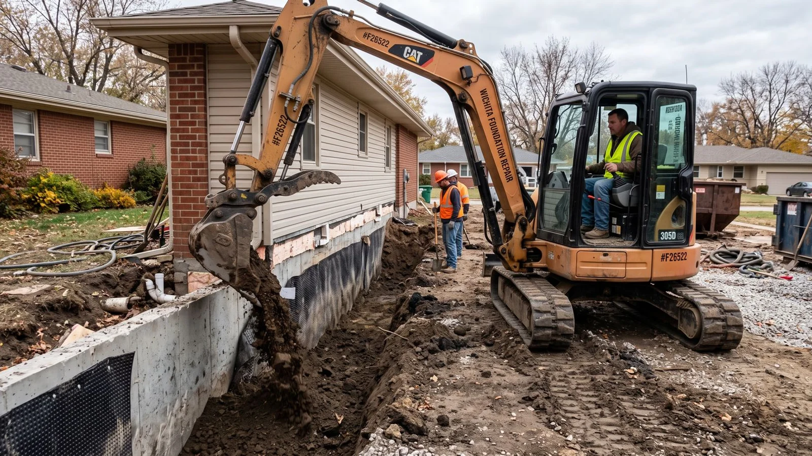 Excavator digging a controlled trench beside a home foundation