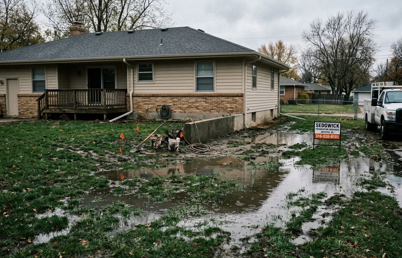 Flat lawn area with standing puddles