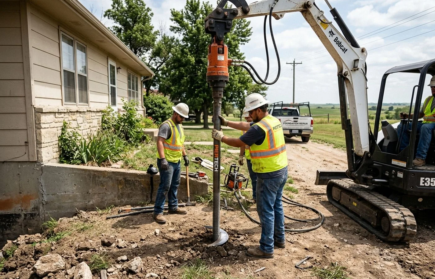 Helical pier being screwed into the ground