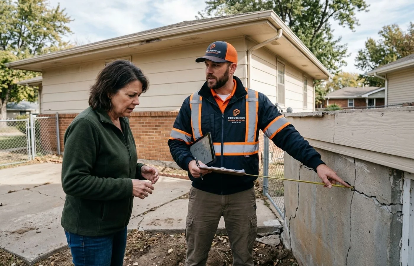 Homeowner and inspector discussing a foundation assessment