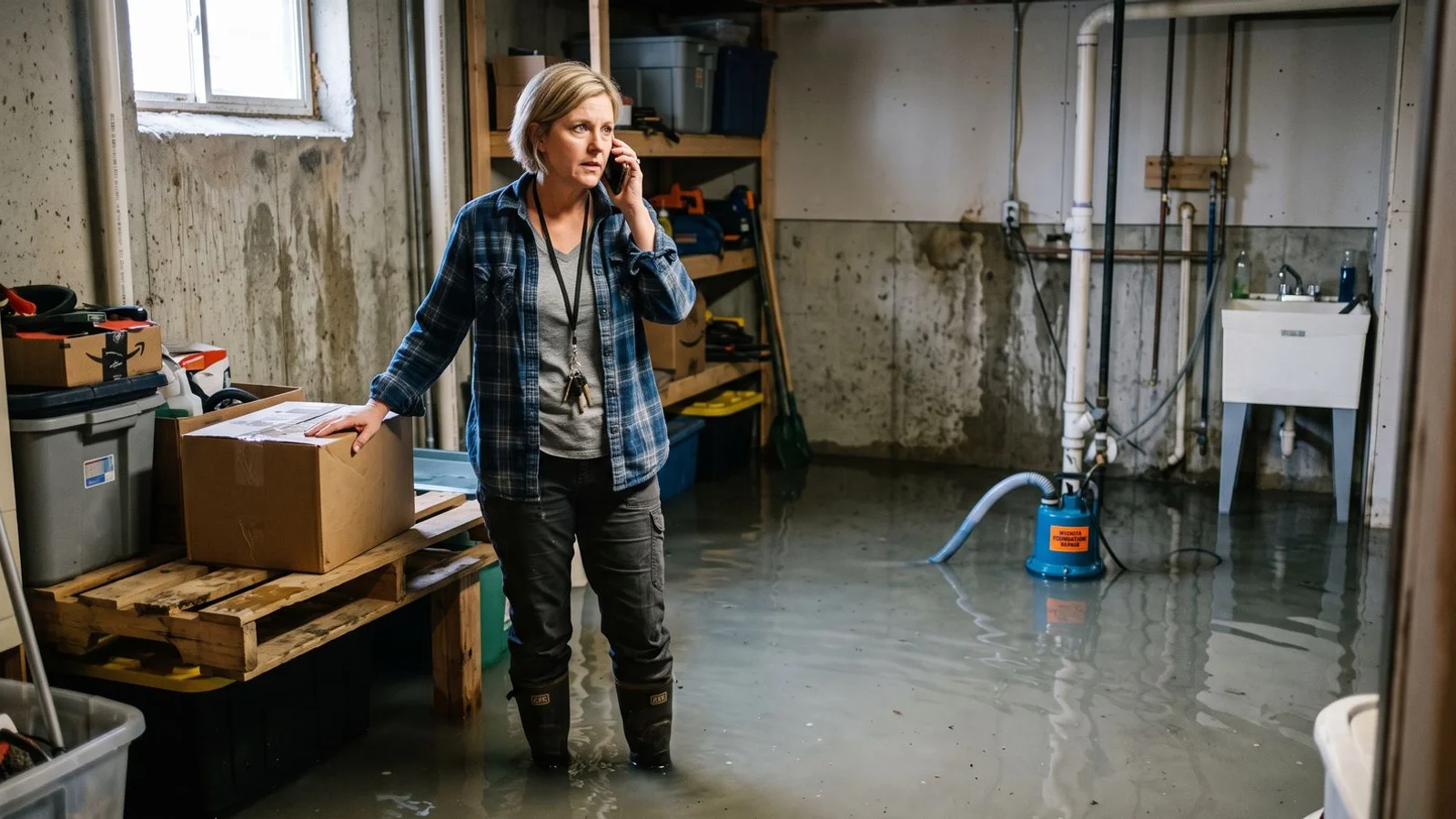 Homeowner on the phone beside standing basement water