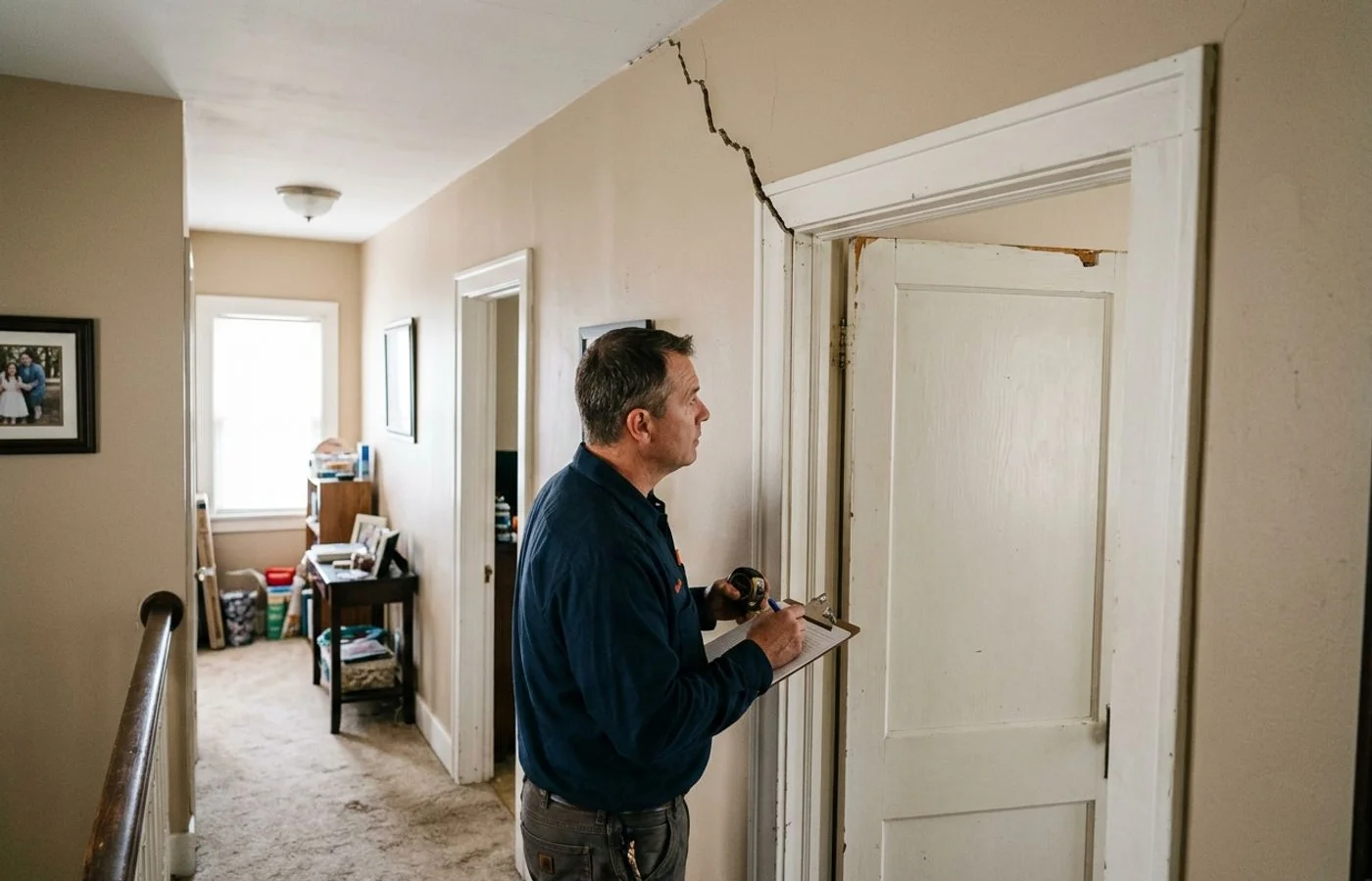 Interior drywall crack above a doorframe