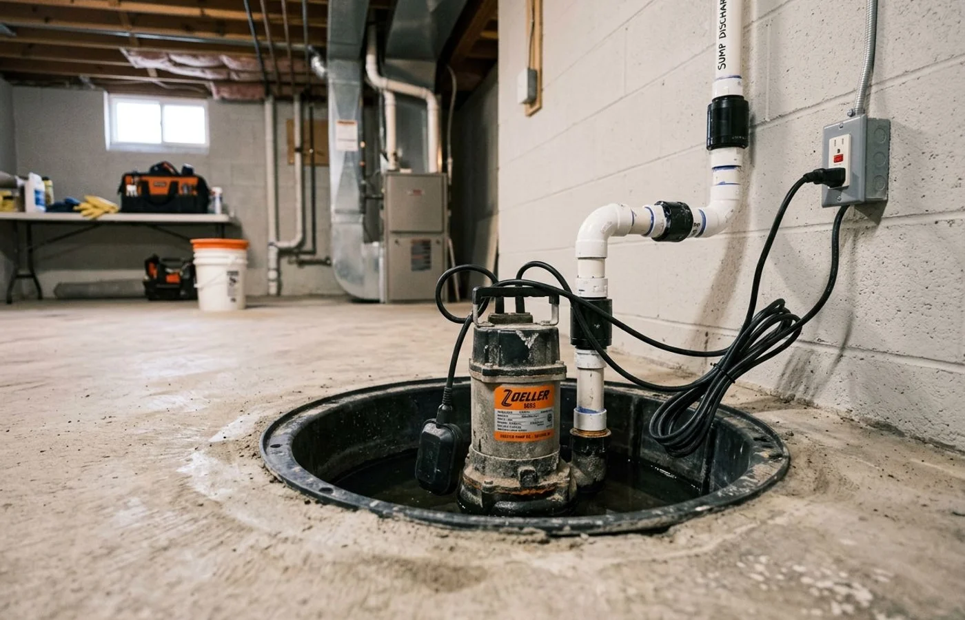 New sump pump installed in a clean basin