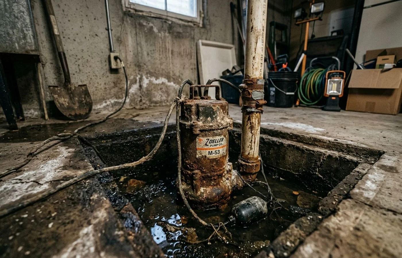 Older corroded sump pump in a basin