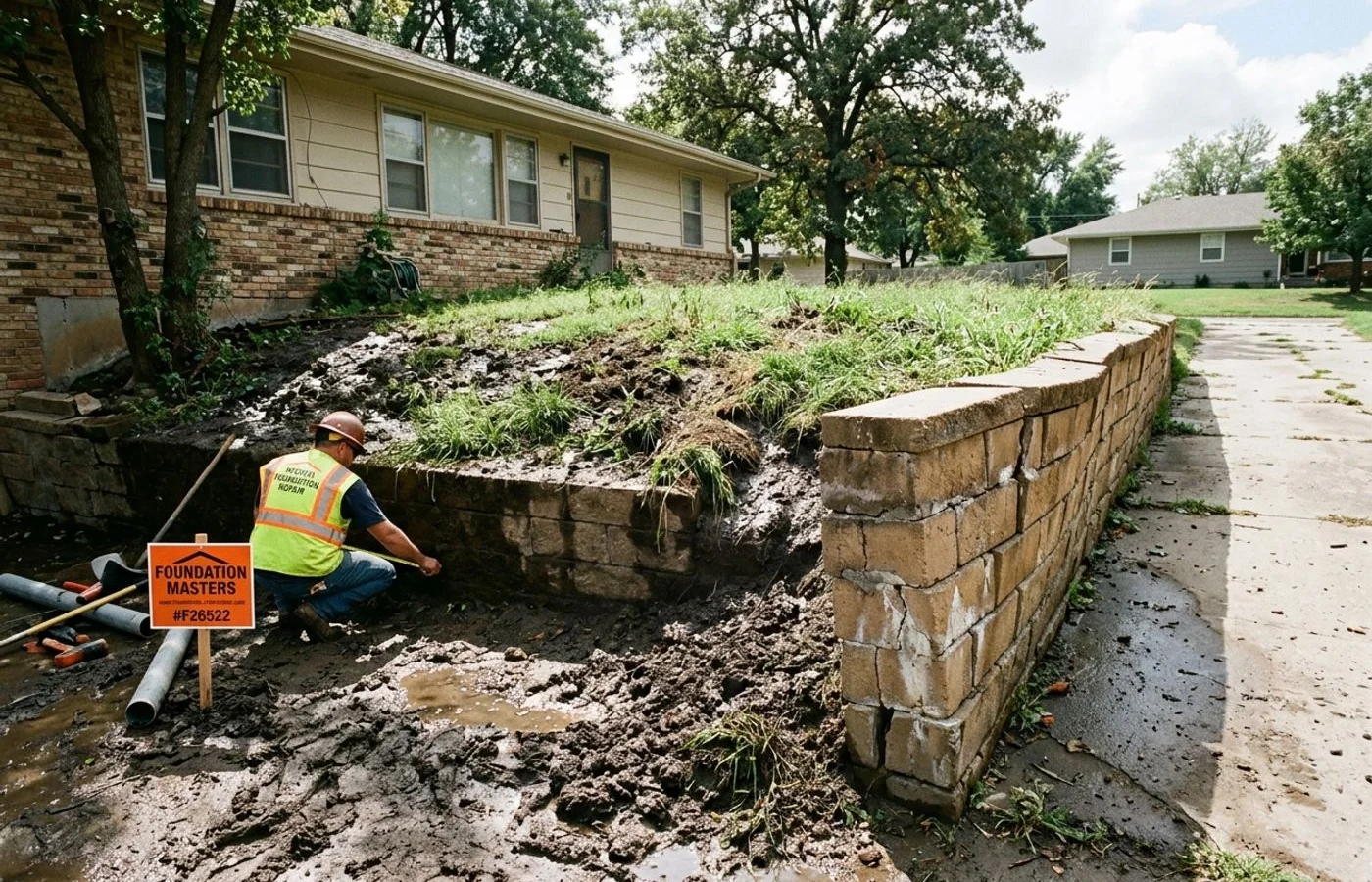 Poor drainage saturating soil behind a wall