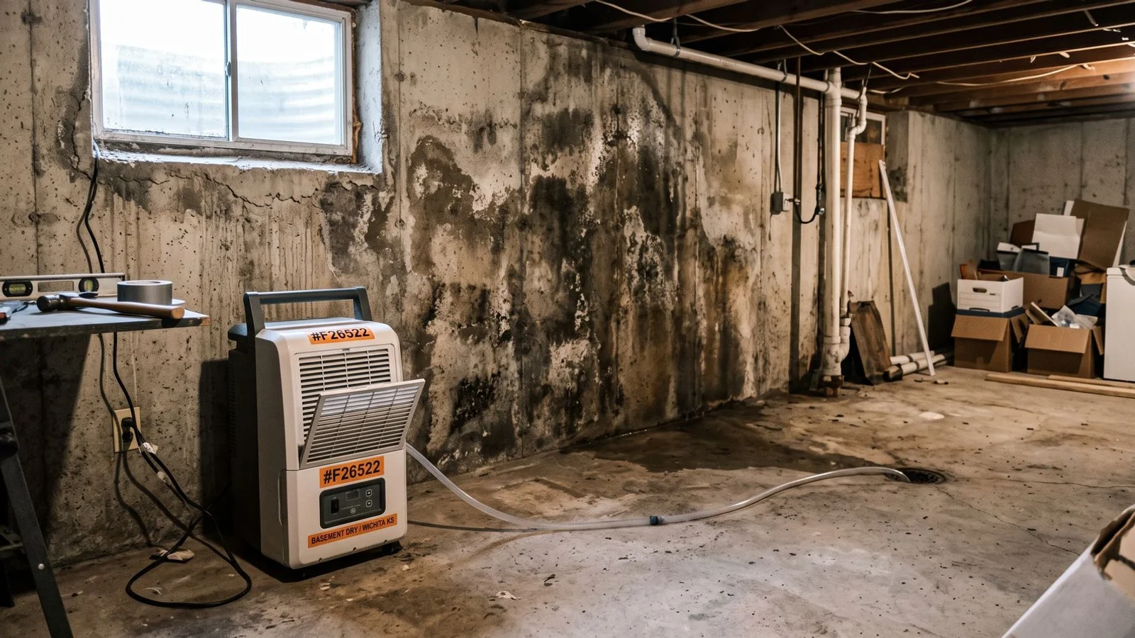 Portable dehumidifier beside a damp basement wall