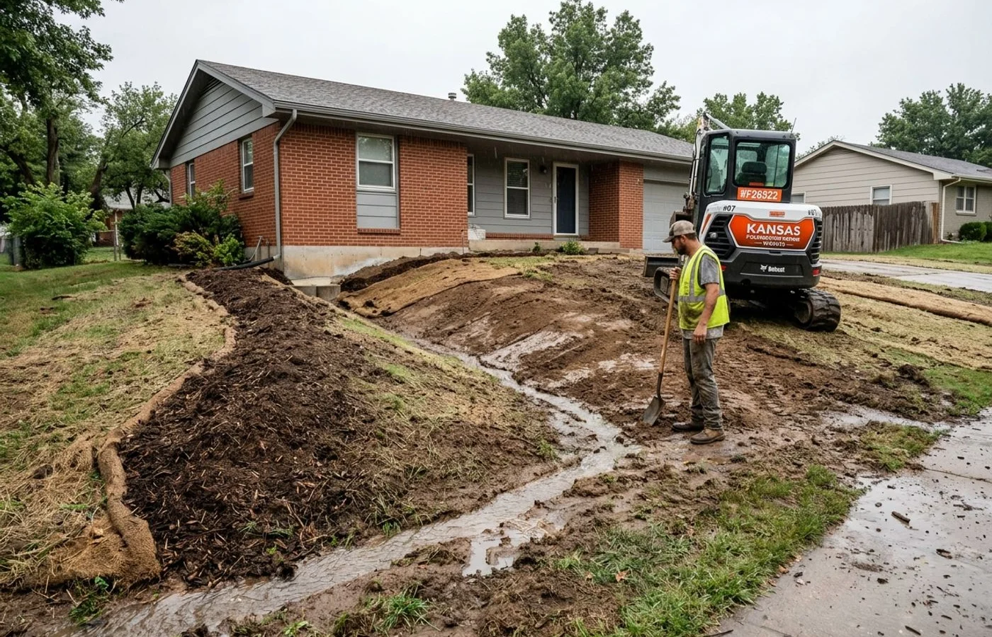 Regraded yard with visible slope