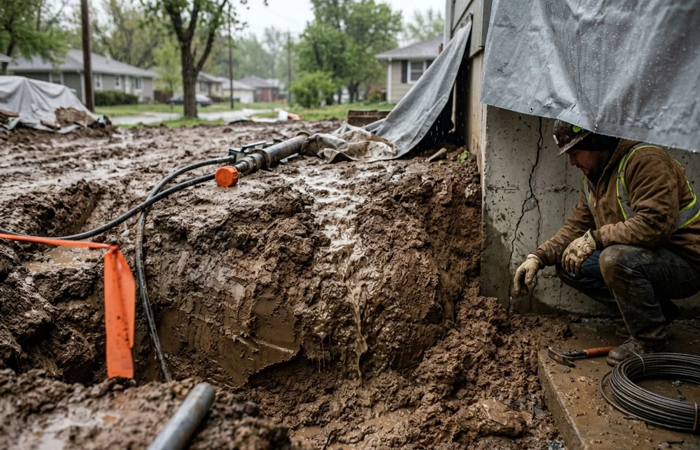 Wet clay soil swelling against a basement wall