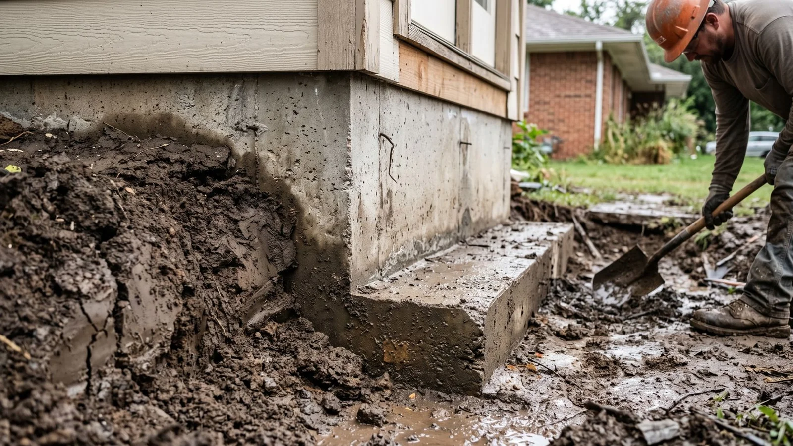 Saturated soil pressing against a home foundation footing