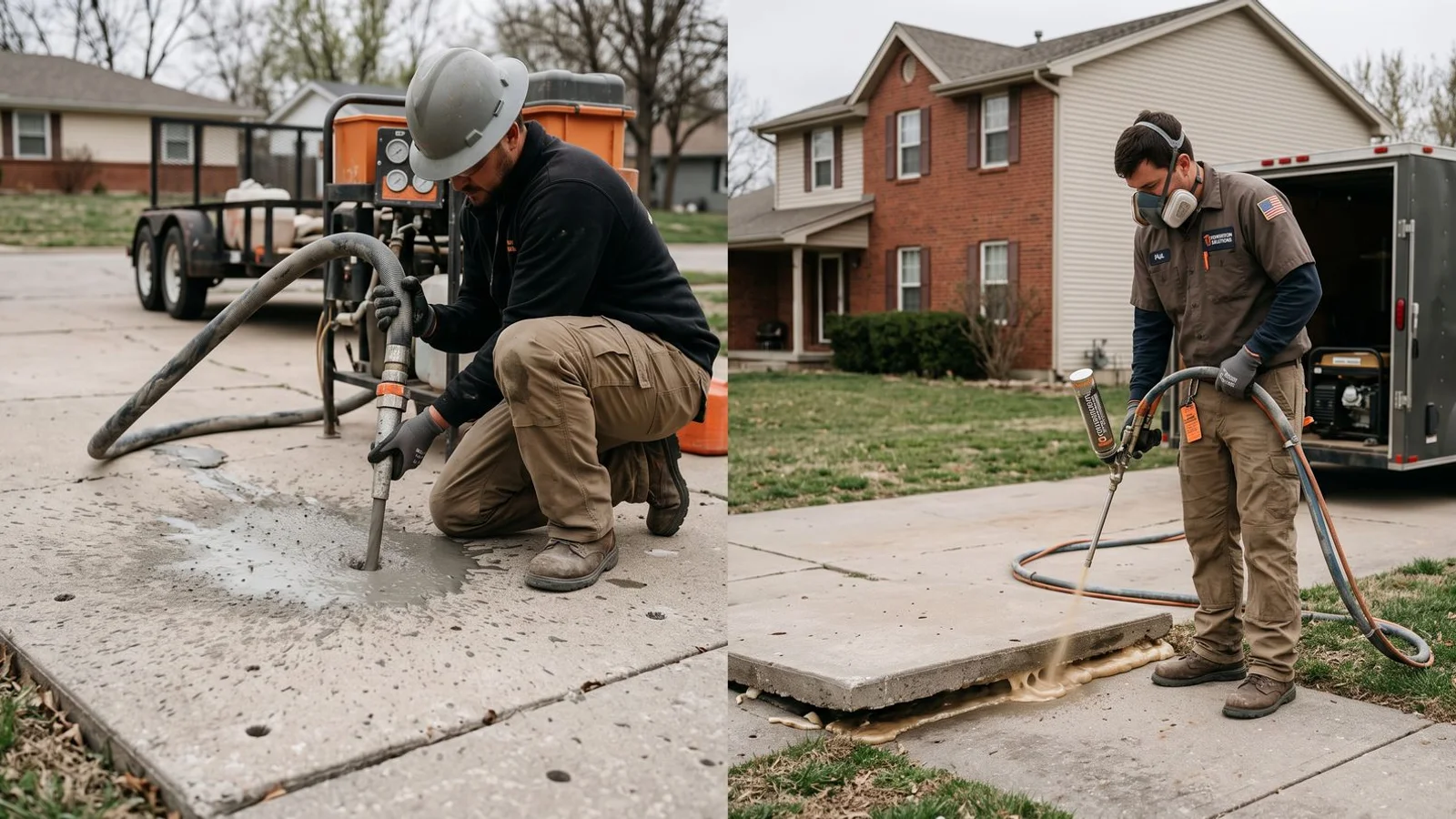 Side-by-side of mudjacking slurry and polyurethane foam injection