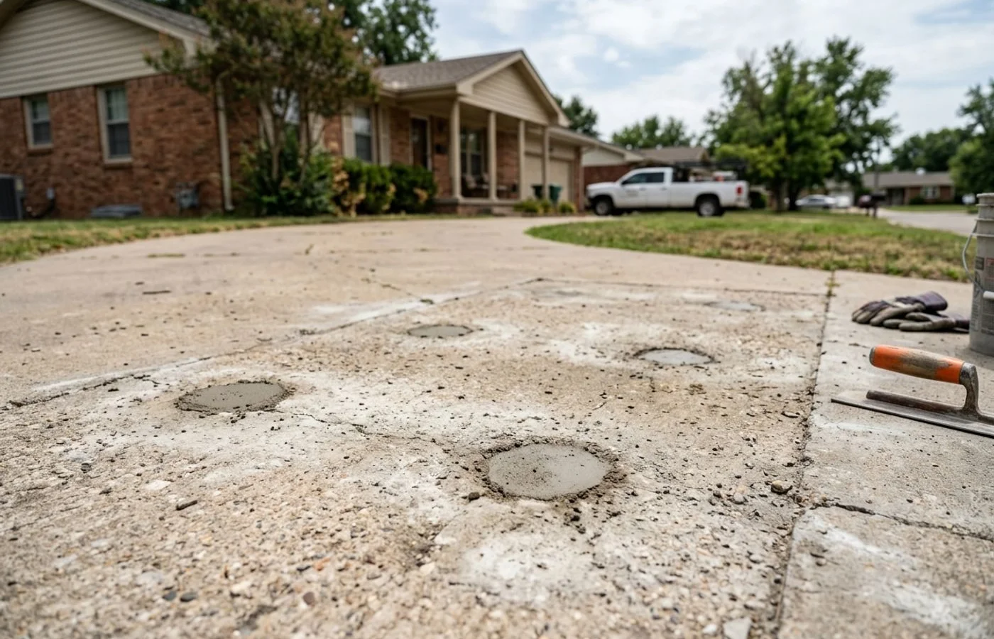 Patched injection holes in a leveled driveway