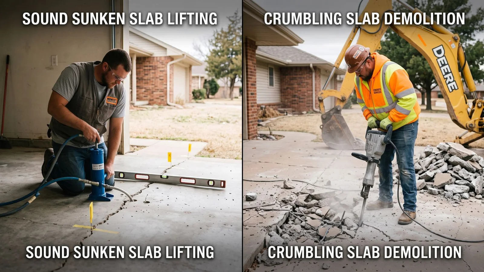 Sunken slab being lifted versus a crumbling slab being demolished