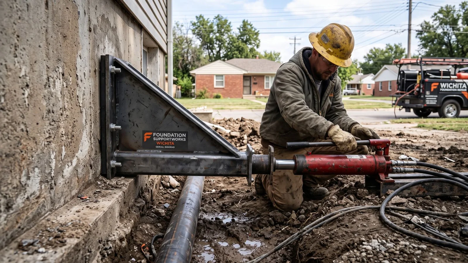Steel push pier bracket installed against a residential foundation footing