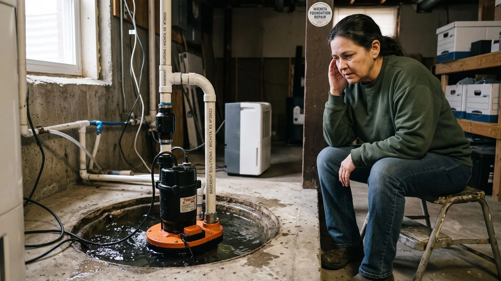 Sump pump running in a basin with a homeowner listening
