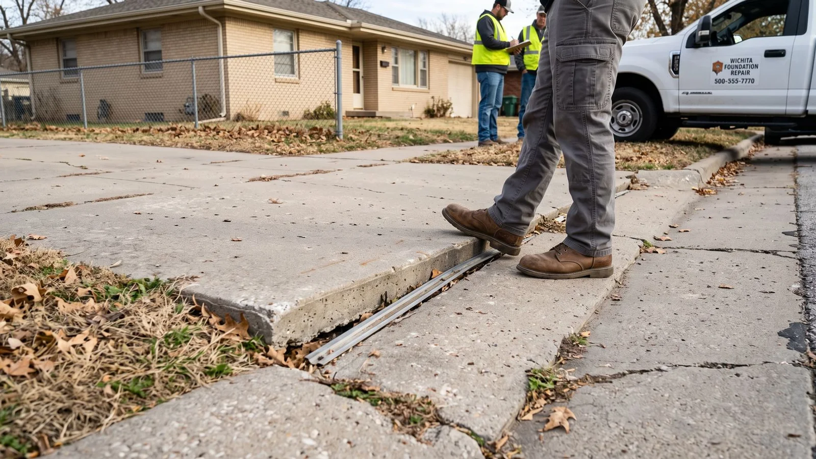 Sunken concrete driveway slab with a trip hazard