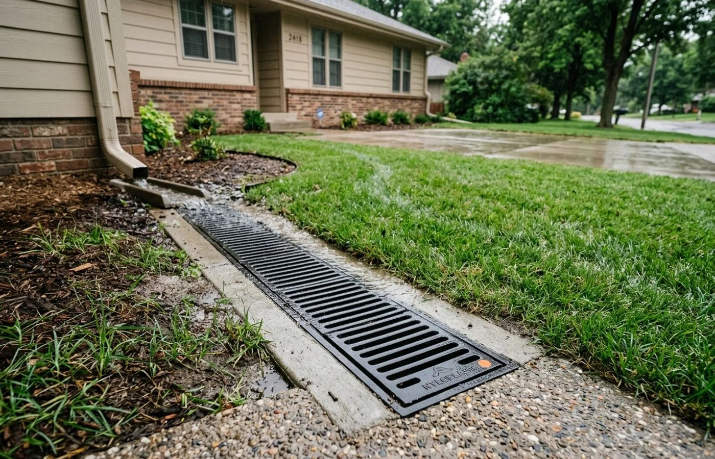 Surface drain grate beside a regraded lawn