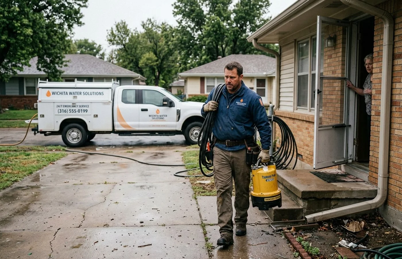 Technician arriving with a pump for emergency response
