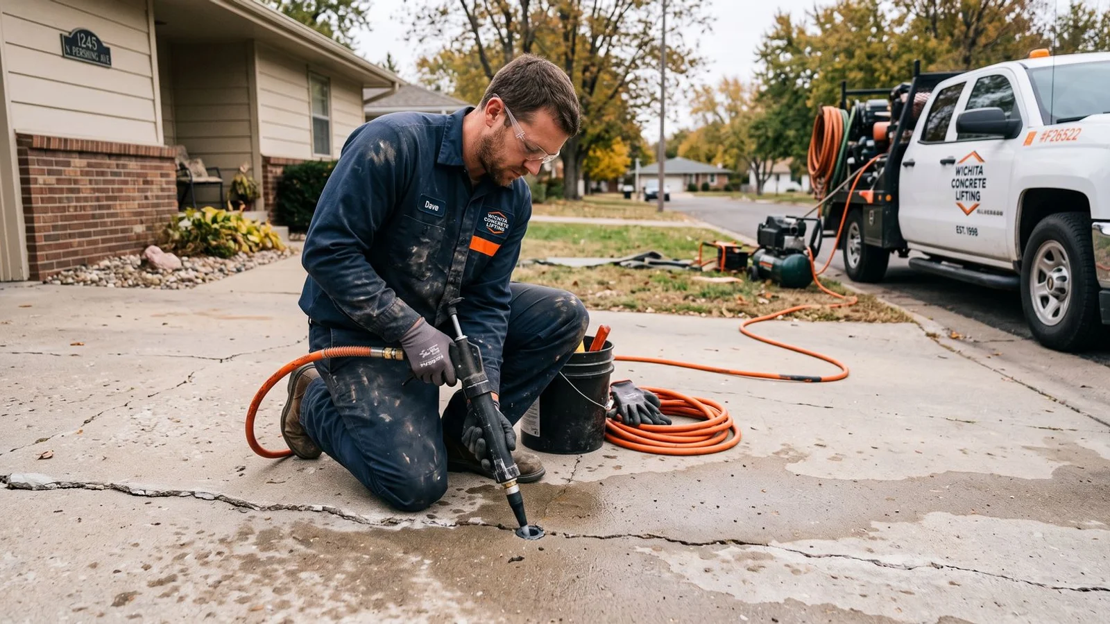 Technician injecting lifting material through a small port