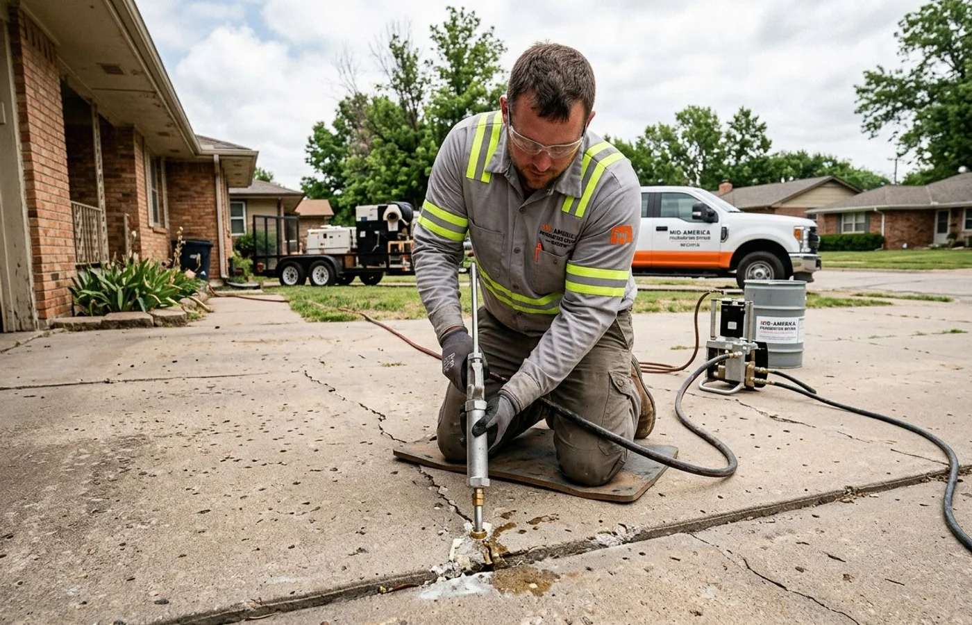 Polyurethane foam being injected under a sunken concrete slab