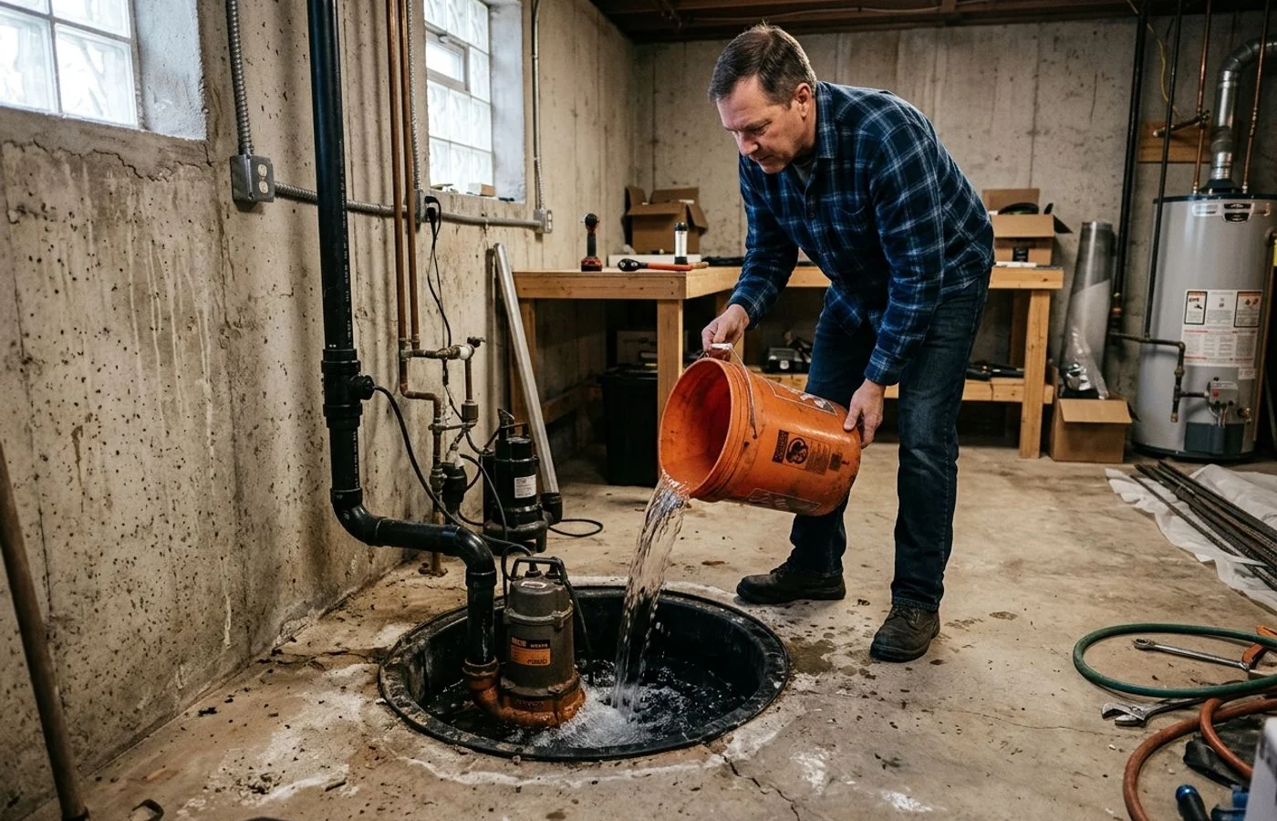 Sump pump being tested with a bucket of water