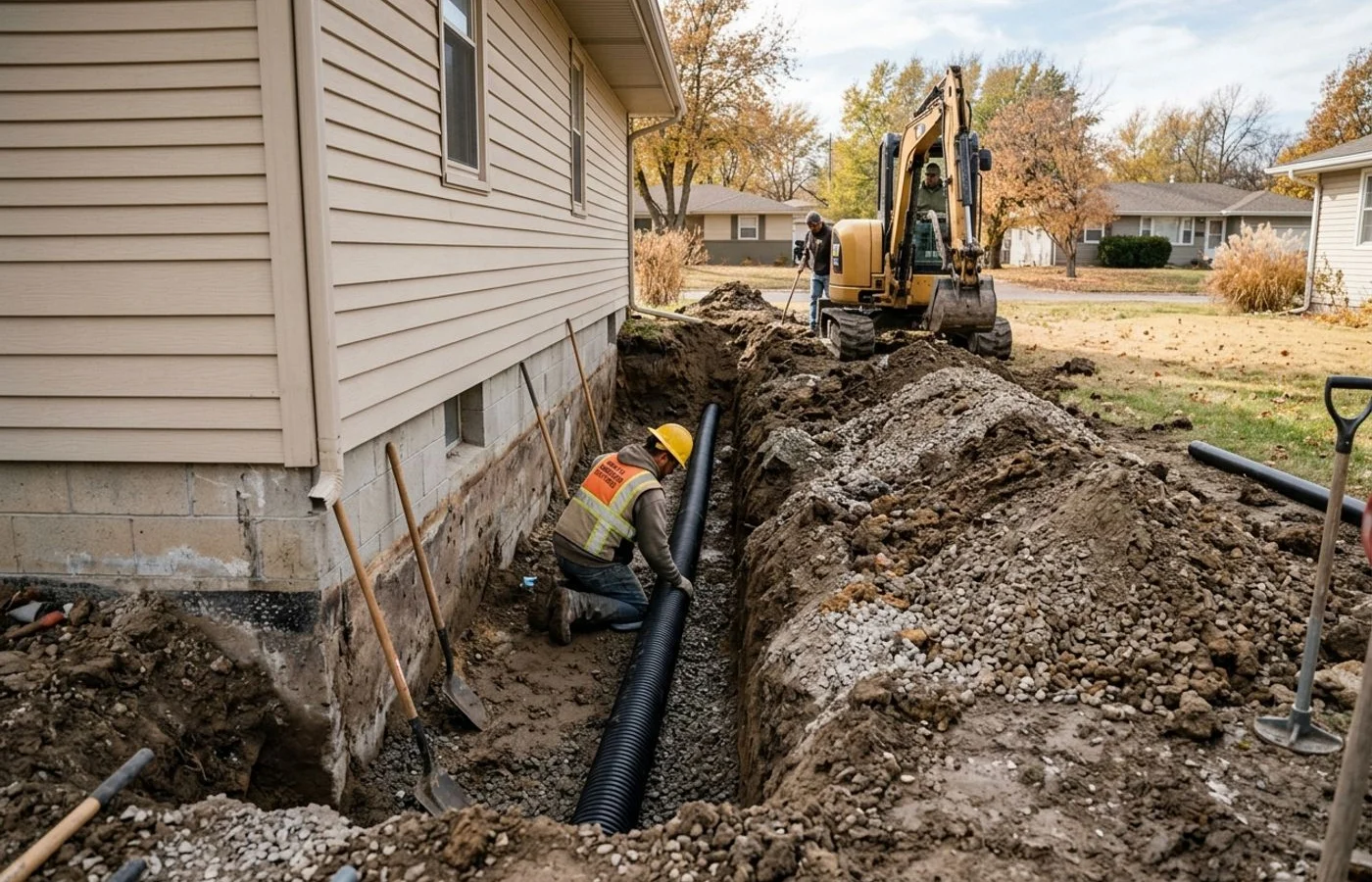 Drainage pipe trench with backfill ready