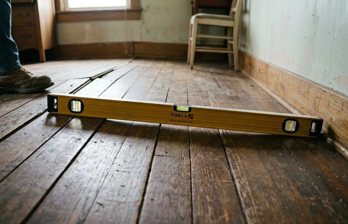 Sloping floor with a level showing the tilt