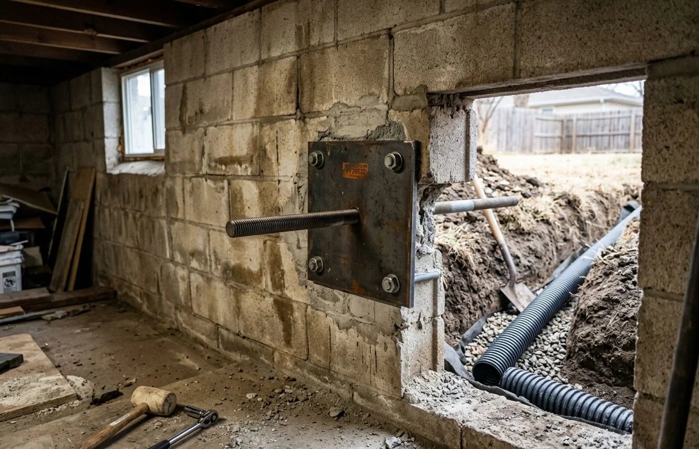 Wall anchor plate installed with drainage correction