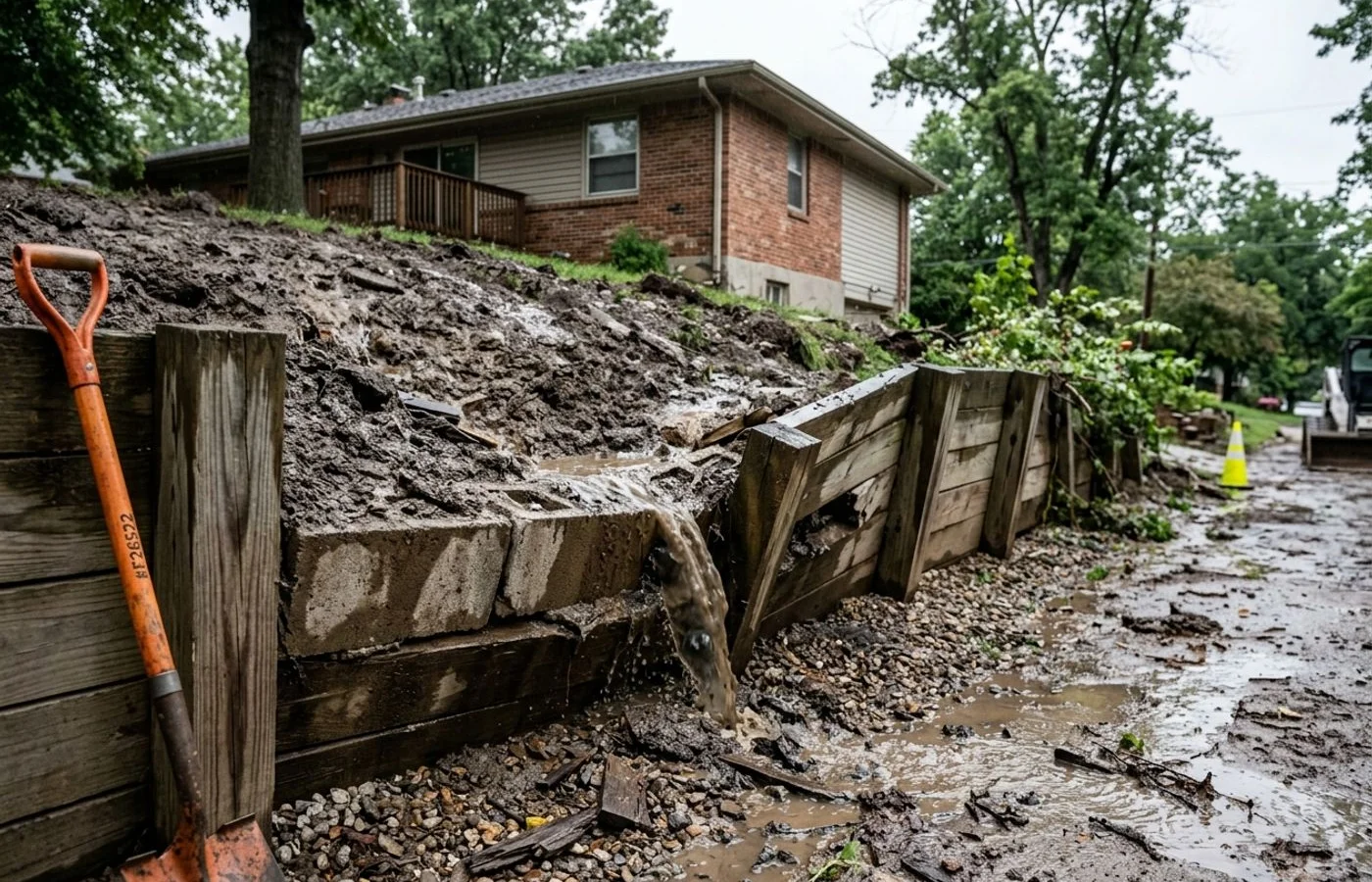 Water and soil pushing behind a failing wall