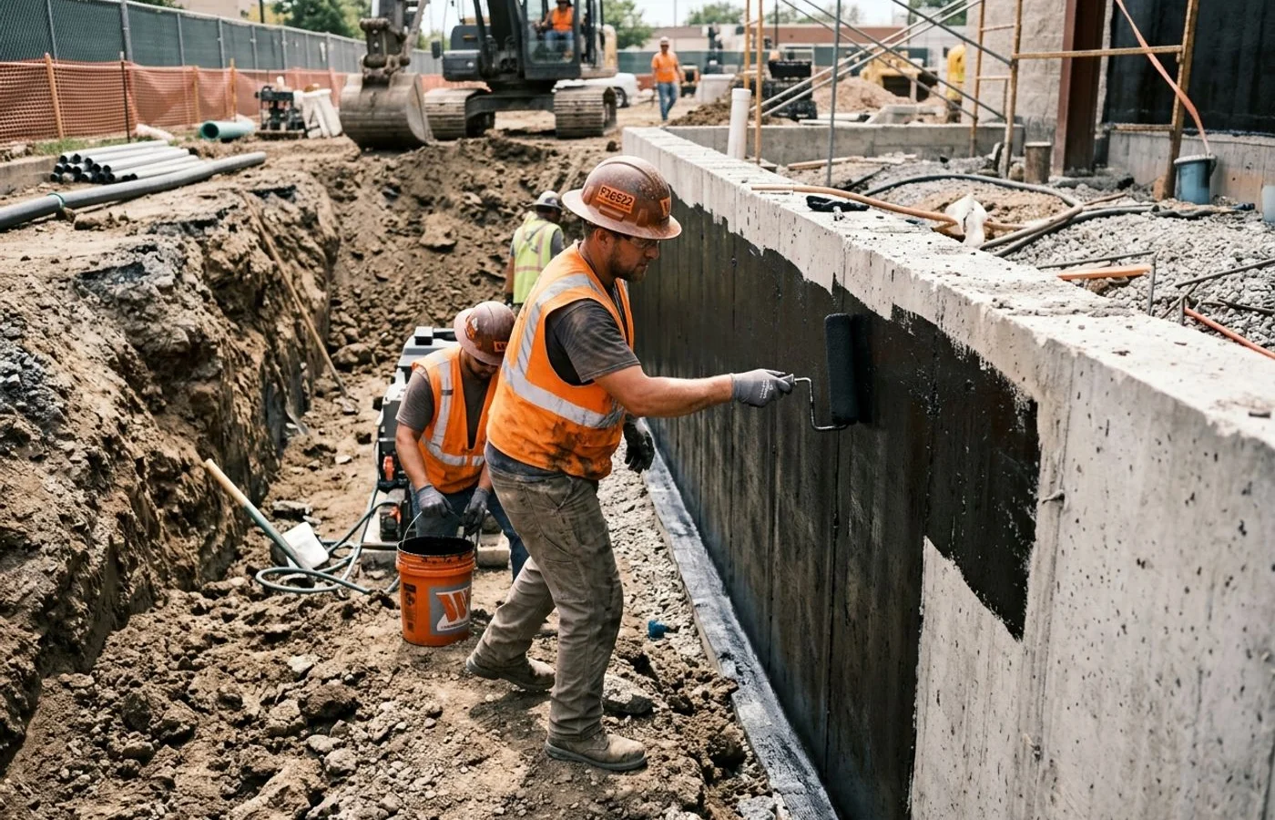 Exterior waterproof membrane being applied during excavation