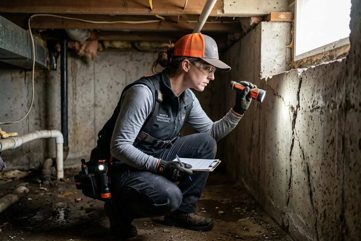 Foundation specialist inspecting a home in Andover, Kansas